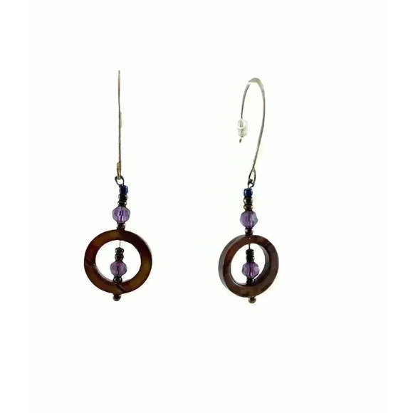 Brown Seashells Purple Faceted Bead Fish Hook Earrings - Picture 5 of 9
